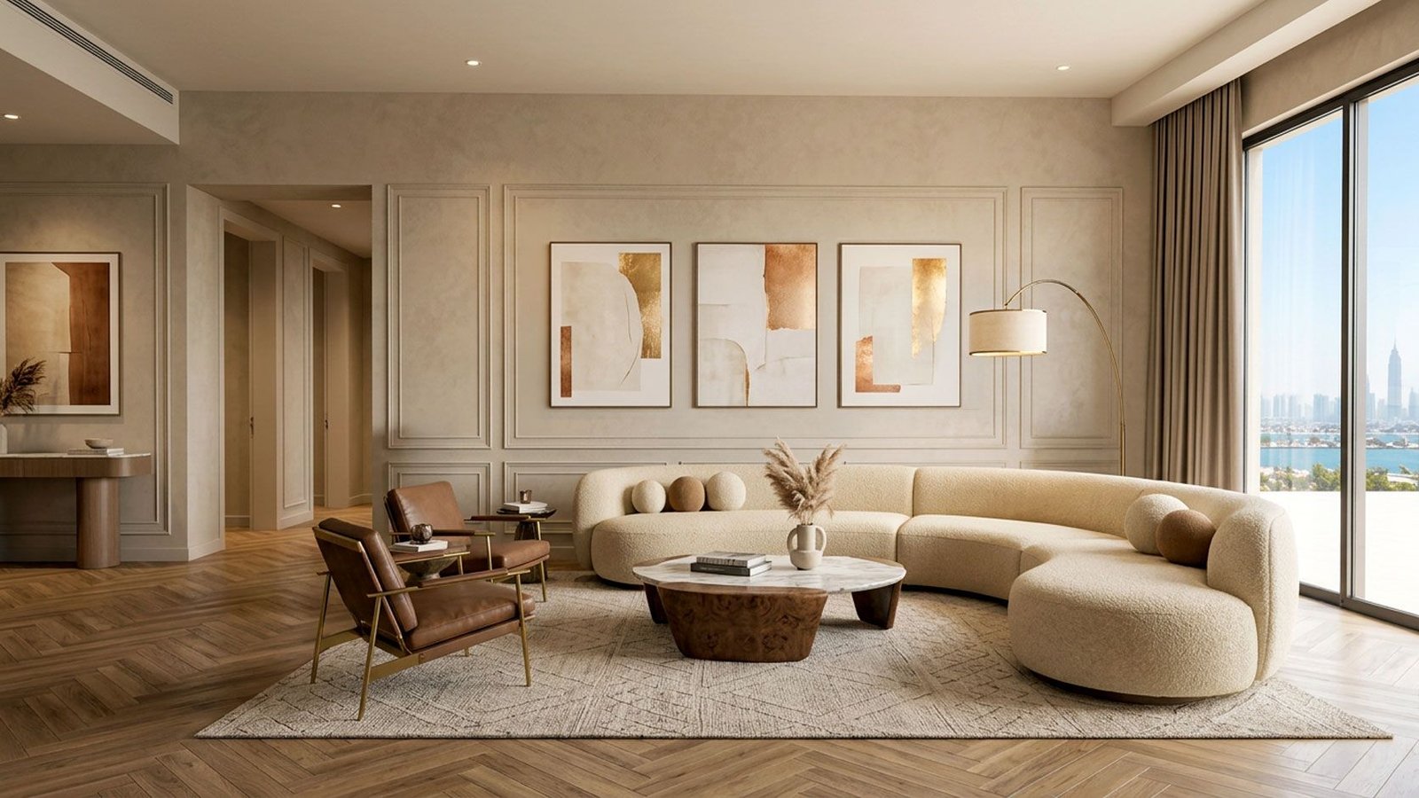 Luxury Dubai apartment living room after the UNIQ renovation and furnishing
